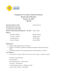 Youngstown Free Library Board of Trustees Regular Board Meeting January 23,  2023 7:00 PM
