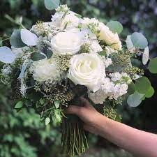 White Bouquet Roses Mums Stock Veronica Dusty Miller Silver Dollar Eucalyptus Seeded Eucalyptus White Bouquet Bouquet Silver Dollar Eucalyptus