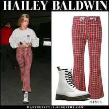 Throughout the 20th century red and white checkered tablecloths in restaurants sent clear messages to patrons: Hailey Baldwin In Red Checked Pants And White Boots In West Hollywood Checked Pants Red Plaid Pants Red Checked Trousers Outfit