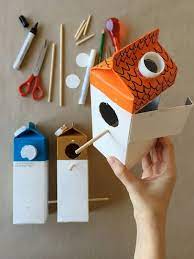 It's made out of a milk carton, so you may want to hang it on the porch instead of directly in the elements. Make Your Own Milk Carton Birdhouse Village Handmade Charlotte Crafts For Kids Crafts Handmade Charlotte