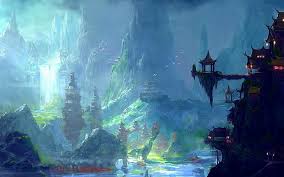 I took motifs and references from buddhism and southeast asian culture. Hd Wallpaper Mountain And Body Of Water Illustration Oriental Asian Architecture Wallpaper Flare