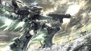 takuan (a mood home), white glint, armored core, armored core: for answer,  visor, highres, cloud, cloudy sky, dual wielding, glowing, gun, holding,  holding gun, holding weapon, horns, looking up, mecha, mecha focus,