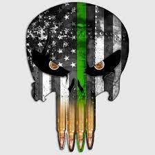This skull flag has the natural section of the wood slightly burnt to bring out the character of the wood, . Thin Green Line Bullet Teeth Punisher Skull Decal