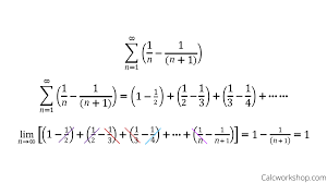 {eq}(\\dfrac{2}{3})^2 + (\\dfrac{2}{3})^3 + (\\dfrac{2}{3})^4 + (\\dfrac{2}{3})^5 + \\dots= (\\dfrac{2}{3})^2 ( 1 + (\\dfrac{2}{3}) + (\\dfrac{2}{3})^2 + (\\dfrac{2}{3})^3 + \\dots ) = \\sum_{j=0}^{\\infty} (\\dfrac{2}{3})^2 (\\dfrac{2}{3})^j{/eq} our formula has the lower limit of the summation starting at one. Telescoping Series