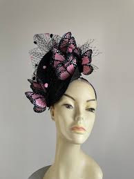 Black and Pink Monarch Butterfly Fascinator Headband Hat by Ms Lyall  Millinery