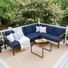 Leisure Made Blakely Black 5 Piece Aluminum Outdoor Sectional Set With Navy Cushions 502987 Nvy The Home Depot Conversation Set Patio Metal Patio Furniture Patio Furniture Sets