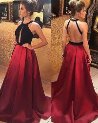 High Neck Black And Red Satin Cutout Long Prom Dress Pm1157 Top Prom Dresses Red Satin Prom Dress Backless Prom Dresses