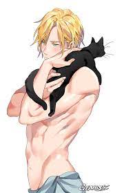 gearous, ash lynx, banana fish, highres, 1boy, artist name, black cat,  blonde hair, cat, green eyes, male focus, naked towel, solo, topless male,  towel, towel around waist 