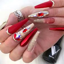 23 Best Red Acrylic Nail Designs Of 2019 In 2020 Rhinestone Nails Diamond Nails Coffin Nails Designs Red nails with animal print and gold details, for ladies who like to experiment.