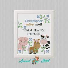 A selection of cross stitch designs with farms, barns, fields and meadows, farmyard animals, farmers on their tractors or milking the cows. Baby Cross Stitch Pattern Pdf Birth Sampler Birth Announcement Farm Horse Pig Cow Cross Stitch Gift Personalized Unique Baby Boy Diy Gift Baby Cross Stitch Patterns Birth Sampler Cross Stitch Cross