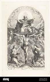 Christ hanging on the cross, surrounded by angels. Above him God the Father  and the Holy Spirit in the form of a duif. Manufacturer : printmaker:  Robert Audenaerd (listed property) to painting