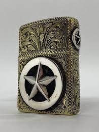 Engraved Custom Brass Armor Zippo Lighter With Sterling Silver Texas Ranger Star In 2021 Silver Embellishment Zippo Lighter Hand Engraving