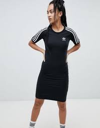 Adidas Originals Three Stripe Dress In Black 65 Dollars Asos Adidas Dress Sporty Dress Casual Dress Outfits