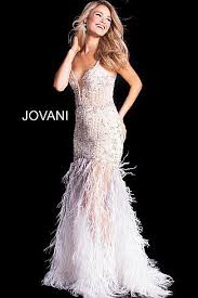 Jovani Dress 37604 White Long Fitted Embellished Open Back Feather Skirt Dress Feather Prom Dress Prom Dresses Jovani Dresses