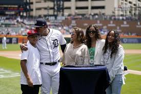 Detroit Tigers designated hitter Miguel Cabrera kisses his son Christopher  during a pregame ceremony of a baseball game against the Toronto Blue Jays,  Sunday, June 12, 2022, in Detroit. Cabrera was honored