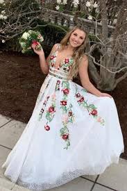 White prom dress with embroidered flowers. Free Shipping Princess V Neck Floral Embroidery Long Prom Dress Spring Prom Dresses Prom Dresses Dresses
