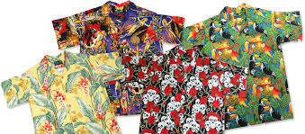Hawaiian themed border design in brn around bottom & sleeve bottoms; Hawaiian Shirts Handmade By Moondog Shirt Co Austin Tx