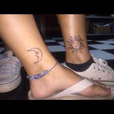 Sun And Moon Matching Tattoos Inside Left Leg Just Above The Ankle Done In Tucson Arizona Matching Friend Tattoos Matching Tattoos Tattoos