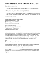 Assalamualaikum warahmatullahiwabaraktu, salam sejahtera dan salam 1malaysia.yang berusaha tuan pengarah. Skrip Pengacara Majlis Jamuan Hari Raya 2018