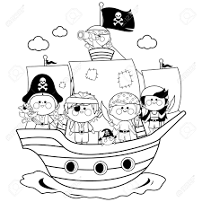 Cute cartoon ship sailor or pirate firing a gun. Pirate Boys And Girls Sailing On A Ship At The Sea Black And Royalty Free Cliparts Vectors And Stock Illustration Image 101555478