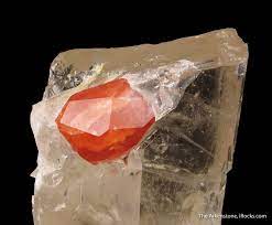 Spessartine on Spodumene with Smoky Quartz - OB16A-05 - Dara-i-Pech  pegmatite field - Afghanistan Mineral Specimen
