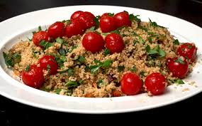 Add cauliflower couscous, tomatoes, bell peppers, jalapeno, cucumber, red onion, olives, pine nuts, mint, chives, salt and pepper to a large mixing bowl. Couscous Cherry Tomato Herb Salad Jono Jules Do Food Wine