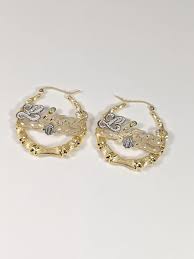 14k Custom Bamboo Nameplate Hoop Earrings With Hamsa Design