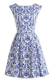 Blue And White Porcelain Inspired Skater Dress Gorgeous Blue And White Porcelain Pattern O Neck Sleeveless Dresses Porcelain Pattern Dress White Print Dress