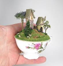 Very Cute Fairy Houses On A Terraced Hilltop Scene In A Cup Ooak O Dare Ebay Fairy Teacup Garden Fairy Garden Mini Fairy Garden