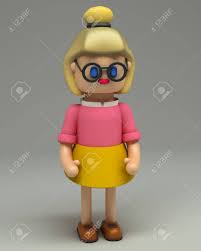 3d Rendering Of Hipster Girl With Glasses And Blonde Hair Bun In Pink  Shirt, Yellow Skirt, Boots. Cartoon Stylized 3d Character Illustration.  Cute Figure In Full Growth Isolated On Grey Background. Stock