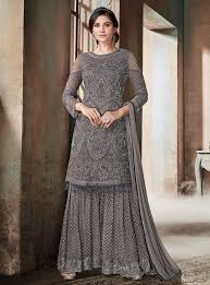 Grey Glam Multi Embroidered Flared Gharara Suit Hatkay Sarara Dress Designer Dresses Indian Sharara Designs