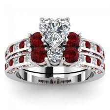 Heart Shaped Diamond Bridal Wedding Ring Set With Red Ruby Side Stones Ruby Wedding Rings Heart Wedding Rings Wedding Ring Sets