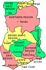 Map is showing ghana and the surrounding countries with international borders, region boundaries, the national capital accra, region capitals, major cities, main roads, and airports. 16 Ghana Regions And Their Capital Cities Gh Students