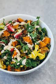 Roasted Veggie Quinoa Salad With Tahini Garlic Dressing Recipe Veggie Quinoa Salad Healthy Vegetarian Recipes