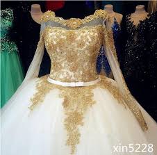 Princess Gold Lace Wedding Dress Crystal Belt Bridal Ball Gown Cinderella Arabic Prom Dresses Long With Sleeves Gold Lace Wedding Dress Ball Gowns Wedding