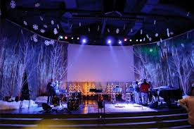 Decorate the stage with the main attributes of christmas. Frosty Forestry Church Stage Design Church Stage Christmas Stage Design