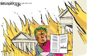 Democracy requires leaders who serve the people, not themselves, yet here  stands Trump as Nero, fiddling while our economy burns. The classical  imagery of this cartoon reminds us of history's warning: empires