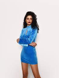 Red valentino velvet dress with standing collar women's black $885. Blue Velvet Long Sleeve Dress Glamorous