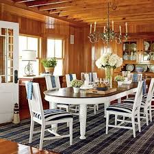 Nautical Nostalgia Nothing Warms A Space Like Wall To Wall Wood Paneling A Classic Blue And While Co In 2020 Pine Dining Room Dining Room Decor Rustic Cottage Room