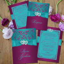 Wedding Invitation Teal Plum Magenta Floral Printed Ribbon Jewels Glitter Joined Hearts Teal Wedding Invitations Turquoise Wedding Invitations Purple Wedding Invitations