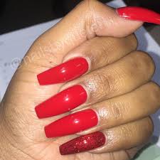 I love how she took a traditional red mani and made it feel fresh by adding a matte topcoat. Red Coffin Shape Nails Red Glitter Red Nails Glitter Coffin Shape Nails Red Nails