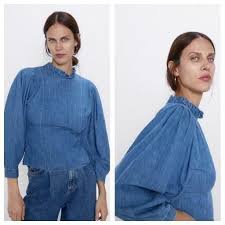 New Zara Women Blue Ruffled Denim Shirt M Pleated Long Sleeve Mock Neck Top Axk Zara Basic Casual In 2020 Zara Women Mock Neck Top Denim Shirt