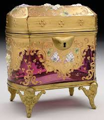 Moser Decorated Cranberry Glass Box Decorated With Gilded Panels On The Box And Lid Wit A Bouquet Of Applied Laye Moser Glass Decorative Boxes Cranberry Glass
