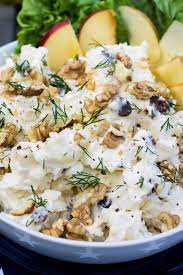 Quinoa salad with sweet potato, raisins, and walnuts. Creamy Potato Salad With Apples Raisins And Walnuts Olivia S Cuisine Potato Salad With Apples Creamy Potato Salad Potato Salad Recipe With Apples