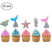 Underwater theme baby shower cute also for a birthday party. 20 Pcs Fairytale Underwater World Theme Mermaid Starfish Seahorse Seaweed Glitter Cake Toppers Cupcake Picks For Baby Shower Birthday Party Favors Walmart Com Walmart Com