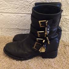 Black And Gold Motorcycle Boots Midi Boots Boots Black Leather Boots Biker Boots