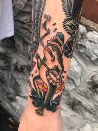 Old school, new school, american traditional, fine line, tribal, neo tribal, portrait, sleeve, half sleeve, cover up, buddy tats, memorial, horror core, gory, bio mech, realist. A Frog Vibin In This Crazy World By Codydraws Tattoo