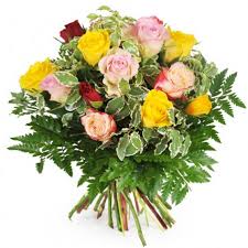 Bouquet rond de roses multicolores roses, jaunes & rouges - L ...
