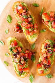 Avocado Tomato Olive And Basil Bruschetta Nadia Lim Recipe Recipes Bruschetta Food
