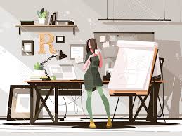 Girl Architect Working On Project Architect Student Architects Desk Architect Office Interior